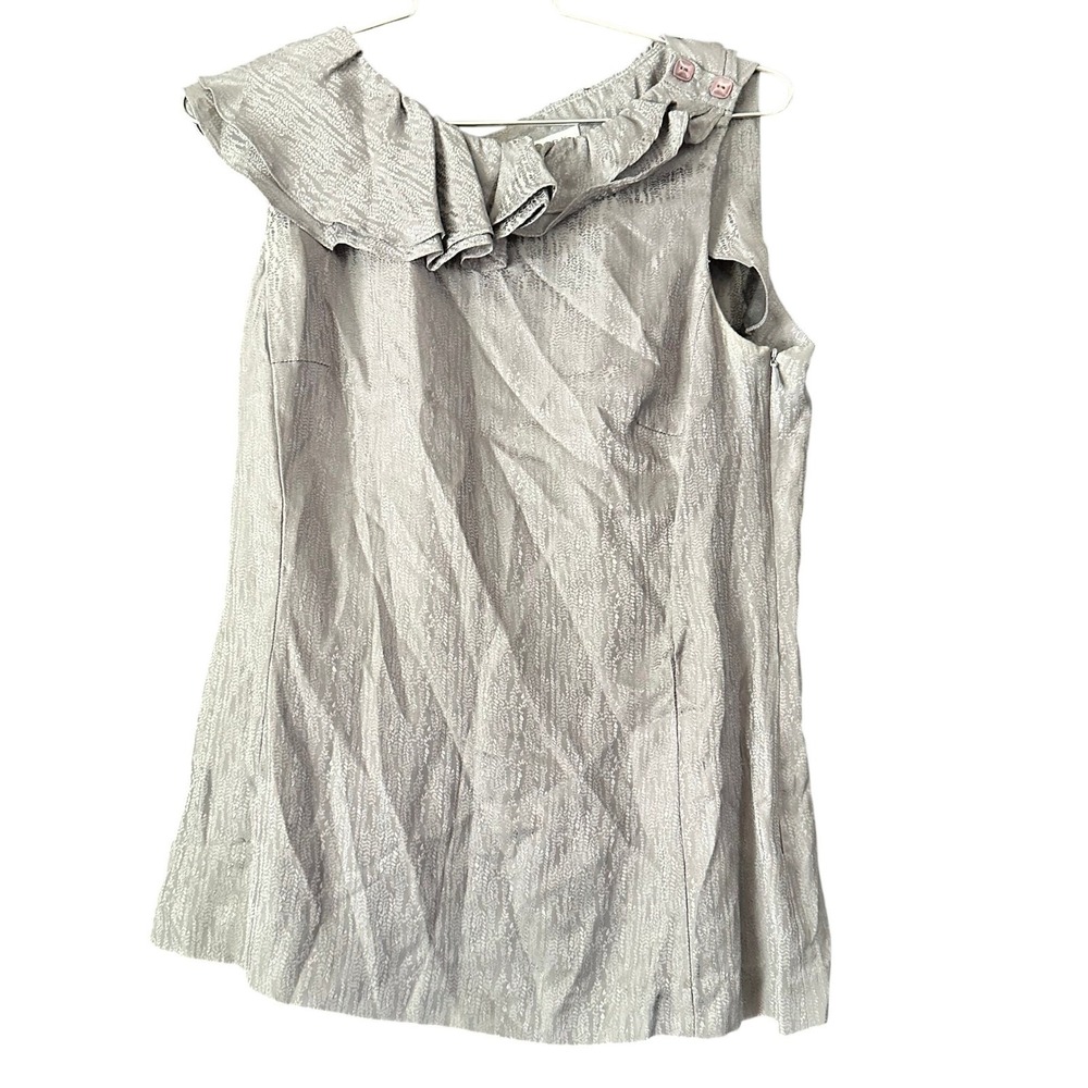 Trina‎ Turk Womens Silver Metallic Jacquard Ruffle Neck Sleeveless Blouse Top 6